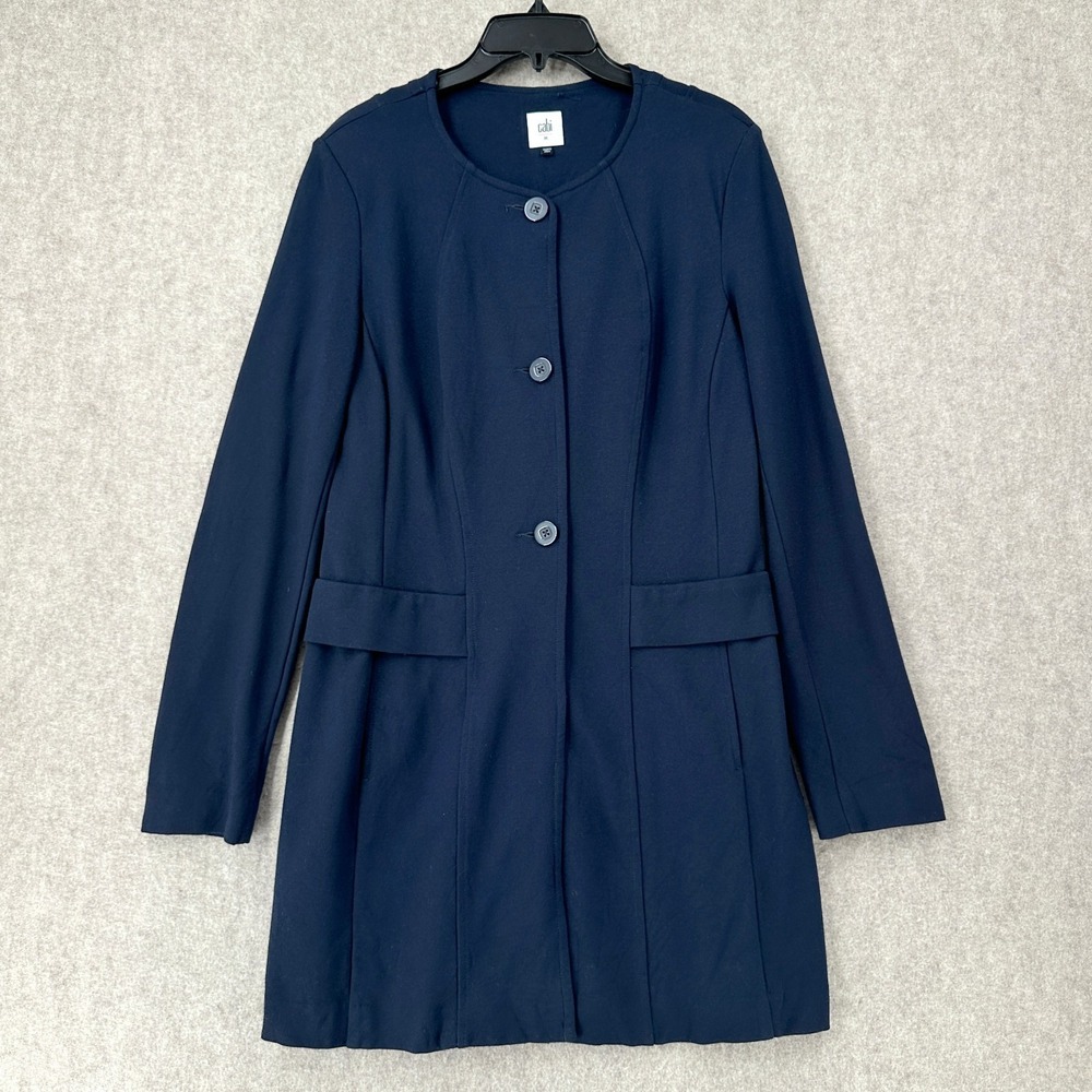 CABi‎ Lido Thick Ponte Knit Jacket Size M Button Front Navy Blue Long Blazer